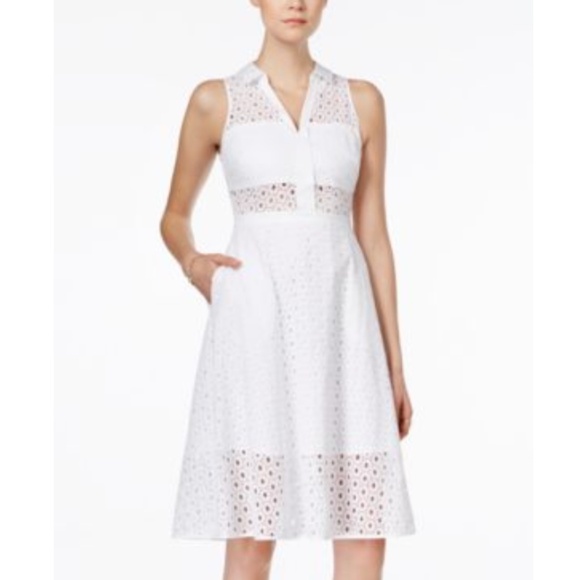 GUESS Sleeveless Collared Eyelet Dress Elise White Midi Open Cut Out SZ 6 - Picture 3 of 17